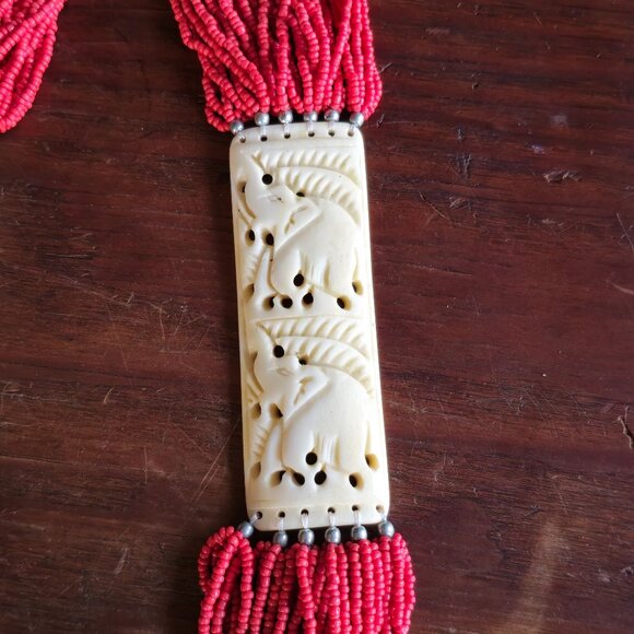 Antique Red Coral Beaded Necklace w/ Hand Carved Elephant Detail Hand Tied Rare! - Picture 10 of 16